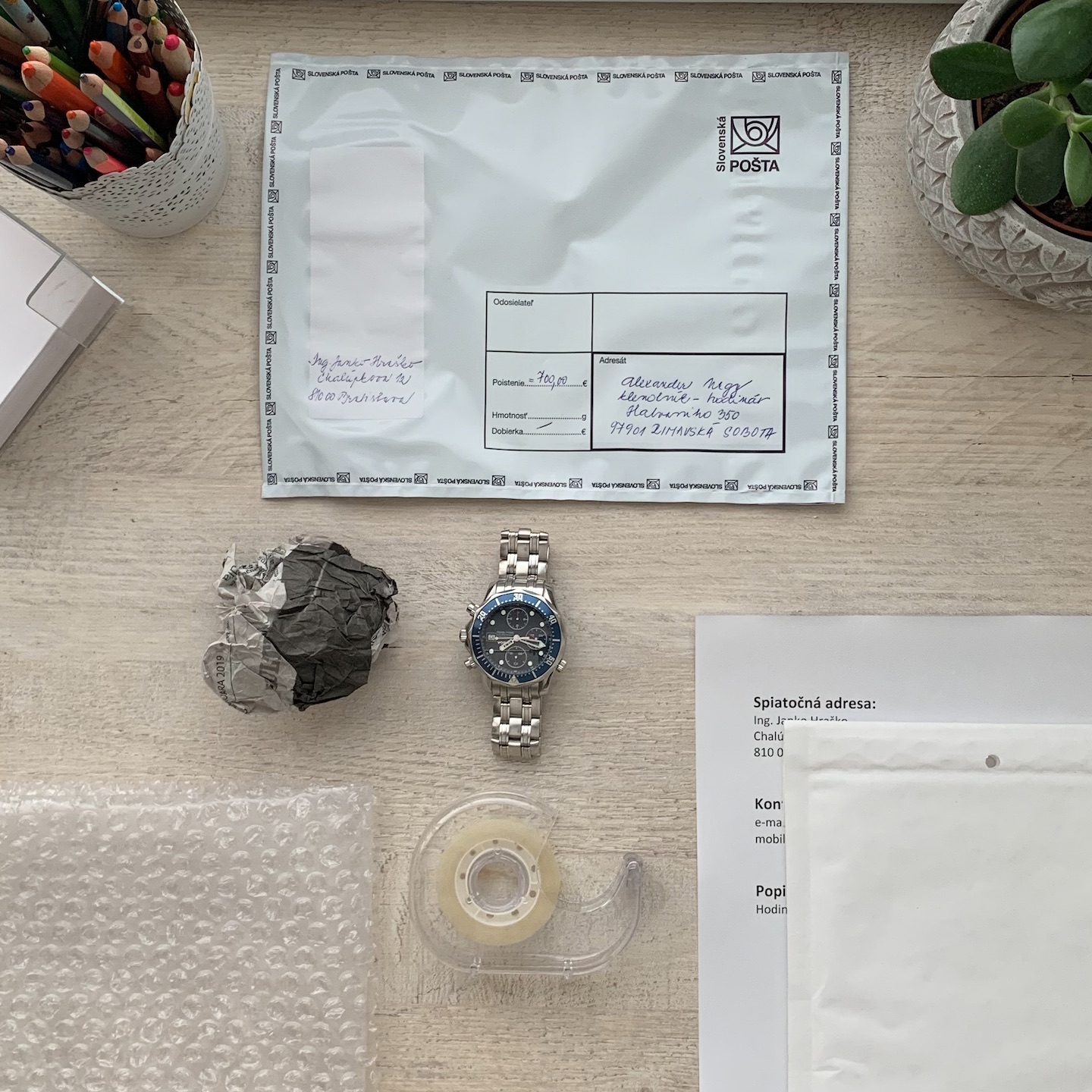 Items needed to safely send a watch for service